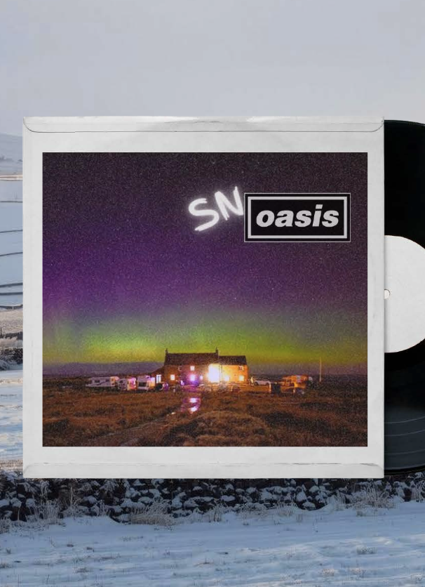 Snowasis — vinyl-sleeve artwork: a remote pub under the northern lights, snow on the ground.